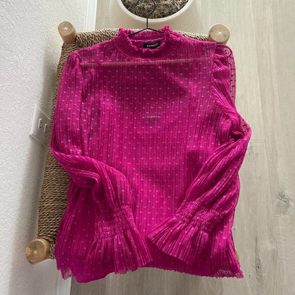 Classy Polka Dot EXPRESS Women's Top w/Camisole, Large Size Pink Mesh Dressy Top - Picture 12 of 15